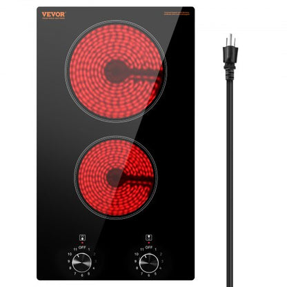 Electric Cooktop, 12 inch 2 Burners Built-in Electric Stove Top, 1800W Ceramic Top Radiant Cooktop, with Glass Panel, Knob Control, 11 Heat Levels, 120V, for Diverse Cooking Requirements