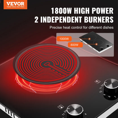 Electric Cooktop, 12 inch 2 Burners Built-in Electric Stove Top, 1800W Ceramic Top Radiant Cooktop, with Glass Panel, Knob Control, 11 Heat Levels, 120V, for Diverse Cooking Requirements