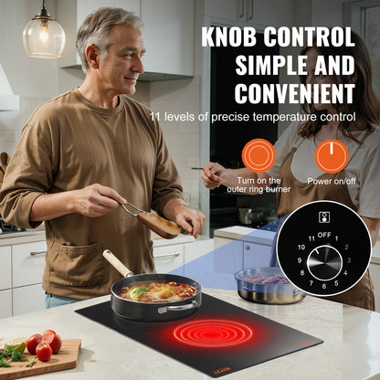 Electric Cooktop, 12 inch 2 Burners Built-in Electric Stove Top, 1800W Ceramic Top Radiant Cooktop, with Glass Panel, Knob Control, 11 Heat Levels, 120V, for Diverse Cooking Requirements