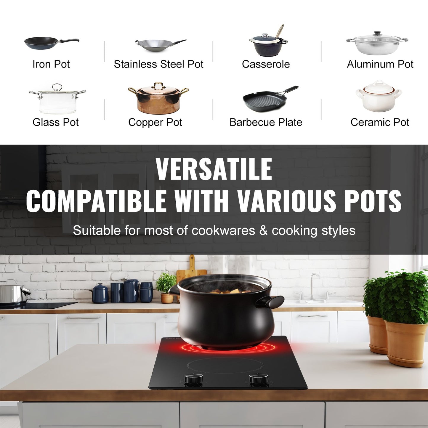 Electric Cooktop, 12 inch 2 Burners Built-in Electric Stove Top, 1800W Ceramic Top Radiant Cooktop, with Glass Panel, Knob Control, 11 Heat Levels, 120V, for Diverse Cooking Requirements