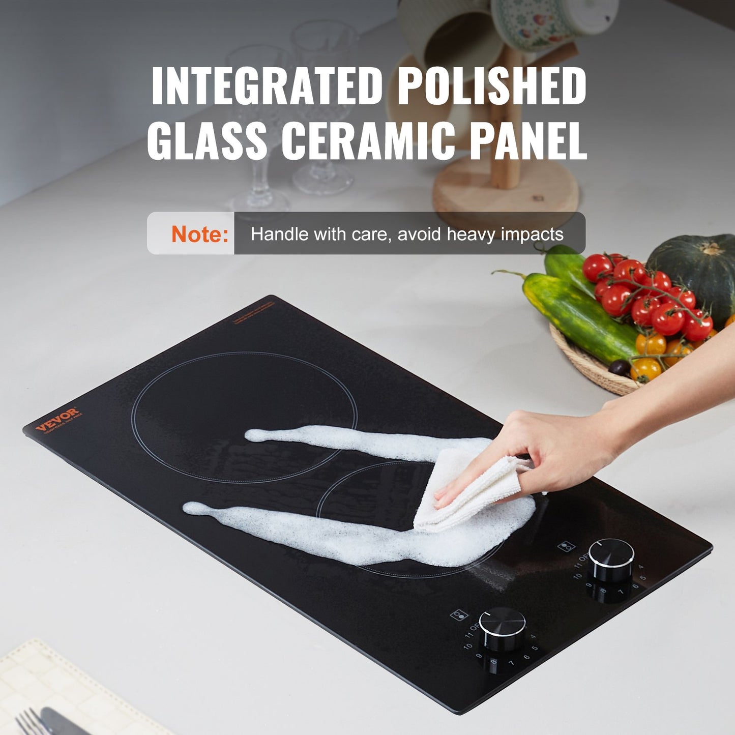 Electric Cooktop, 12 inch 2 Burners Built-in Electric Stove Top, 1800W Ceramic Top Radiant Cooktop, with Glass Panel, Knob Control, 11 Heat Levels, 120V, for Diverse Cooking Requirements