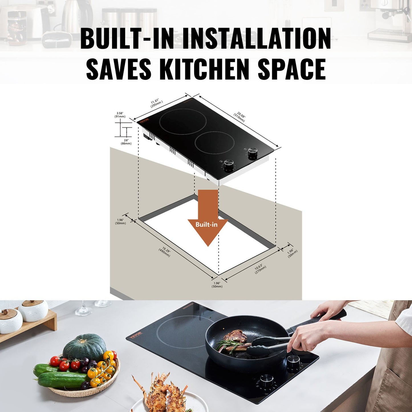 Electric Cooktop, 12 inch 2 Burners Built-in Electric Stove Top, 1800W Ceramic Top Radiant Cooktop, with Glass Panel, Knob Control, 11 Heat Levels, 120V, for Diverse Cooking Requirements