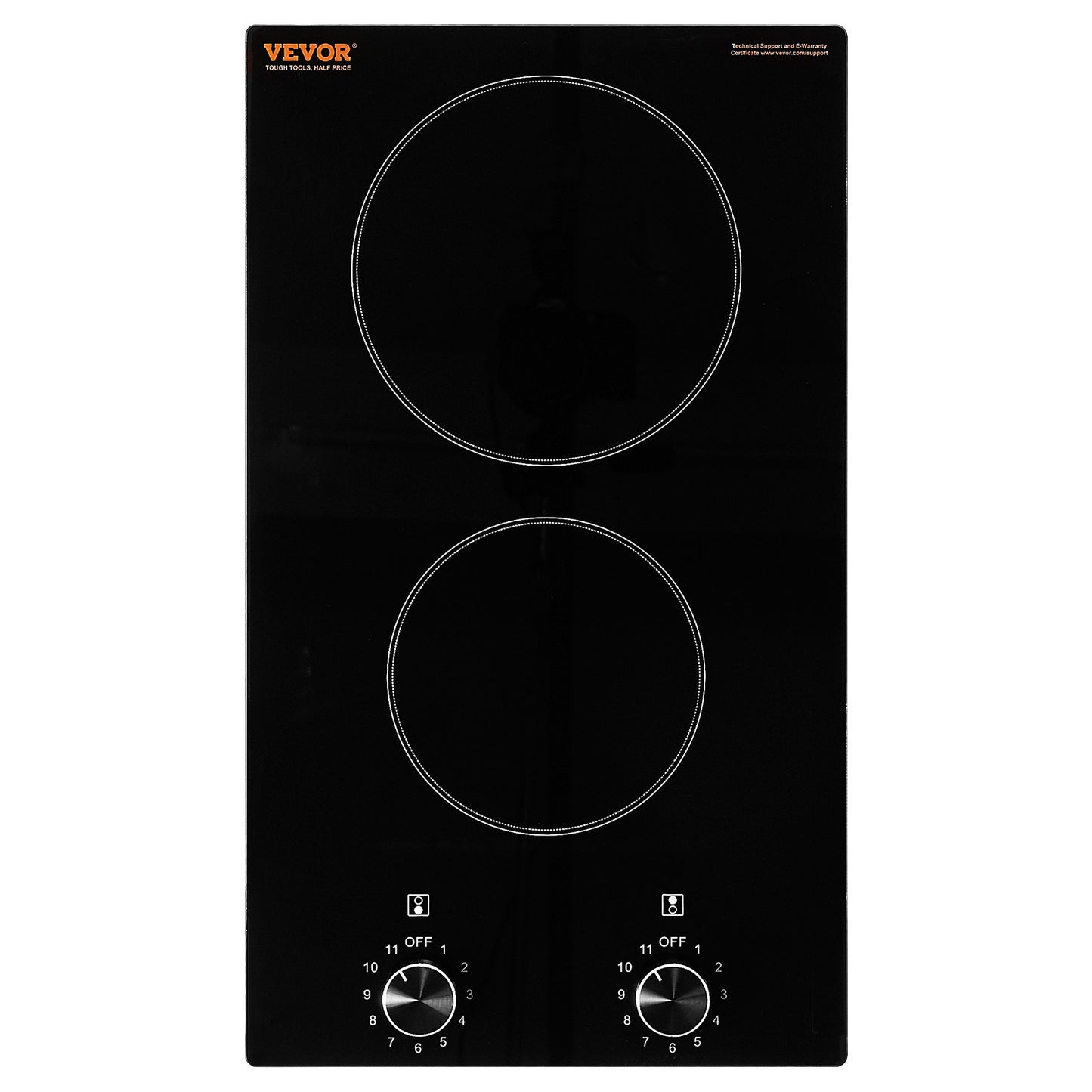 Electric Cooktop, 12 inch 2 Burners Built-in Electric Stove Top, 1800W Ceramic Top Radiant Cooktop, with Glass Panel, Knob Control, 11 Heat Levels, 120V, for Diverse Cooking Requirements