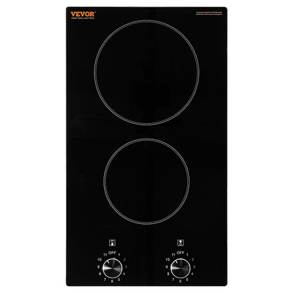 Electric Cooktop, 12 inch 2 Burners Built-in Electric Stove Top, 1800W Ceramic Top Radiant Cooktop, with Glass Panel, Knob Control, 11 Heat Levels, 120V, for Diverse Cooking Requirements