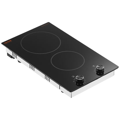 Electric Cooktop, 12 inch 2 Burners Built-in Electric Stove Top, 1800W Ceramic Top Radiant Cooktop, with Glass Panel, Knob Control, 11 Heat Levels, 120V, for Diverse Cooking Requirements