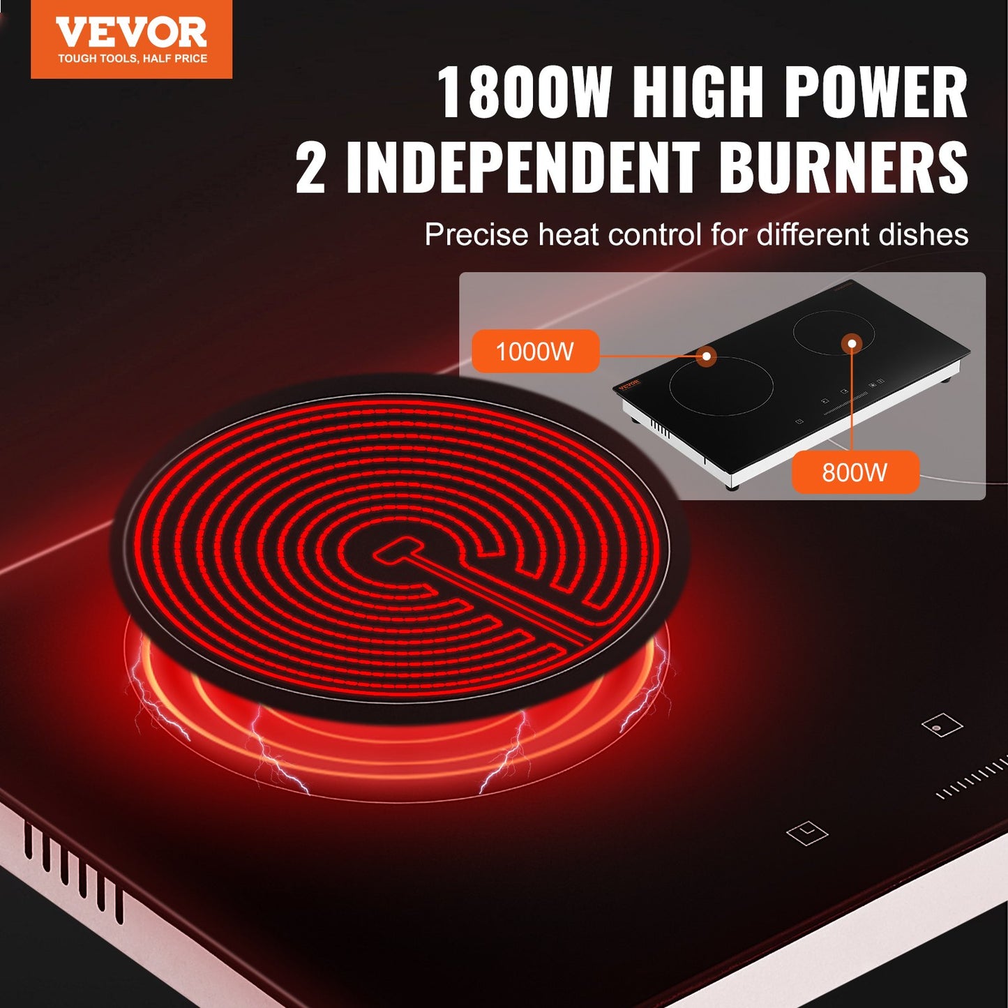 Electric Cooktop, 24 inch 2 Burners Built-in Electric Stove Top, 1800W Ceramic Top Radiant Cooktop with Glass Panel, Touch Control, Timer, Child Lock, 9 Heat Level, Residual Heat Indicator, 120V