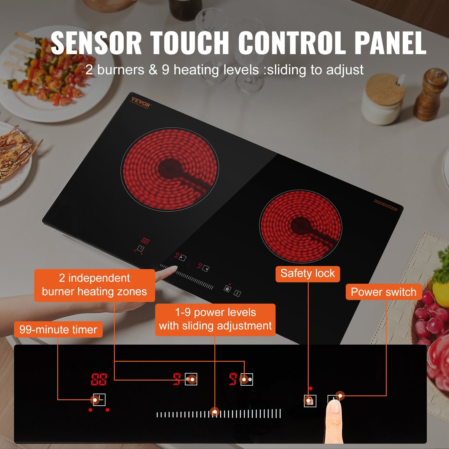 Electric Cooktop, 24 inch 2 Burners Built-in Electric Stove Top, 1800W Ceramic Top Radiant Cooktop with Glass Panel, Touch Control, Timer, Child Lock, 9 Heat Level, Residual Heat Indicator, 120V