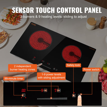 Electric Cooktop, 24 inch 2 Burners Built-in Electric Stove Top, 1800W Ceramic Top Radiant Cooktop with Glass Panel, Touch Control, Timer, Child Lock, 9 Heat Level, Residual Heat Indicator, 120V