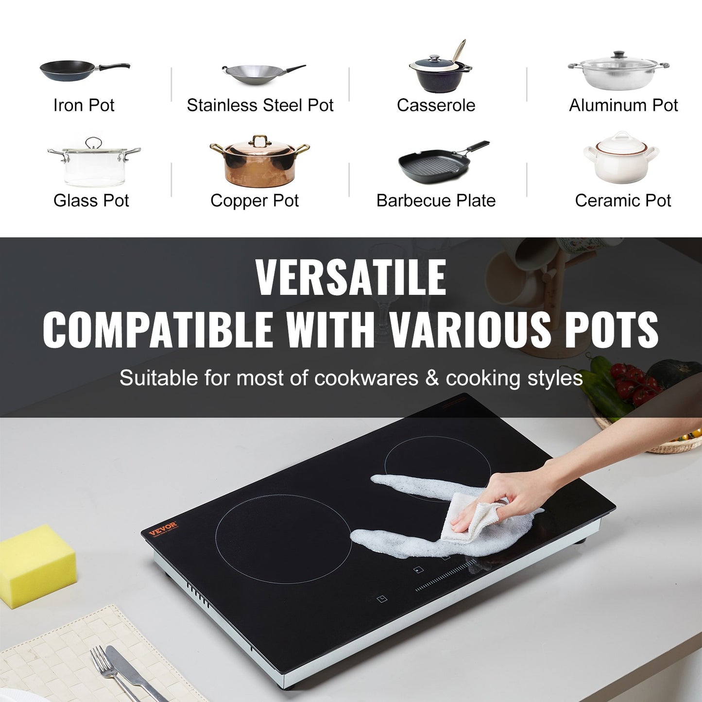 Electric Cooktop, 24 inch 2 Burners Built-in Electric Stove Top, 1800W Ceramic Top Radiant Cooktop with Glass Panel, Touch Control, Timer, Child Lock, 9 Heat Level, Residual Heat Indicator, 120V