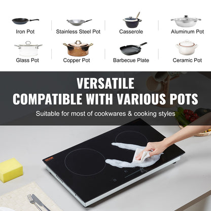 Electric Cooktop, 24 inch 2 Burners Built-in Electric Stove Top, 1800W Ceramic Top Radiant Cooktop with Glass Panel, Touch Control, Timer, Child Lock, 9 Heat Level, Residual Heat Indicator, 120V