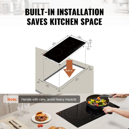 Electric Cooktop, 24 inch 2 Burners Built-in Electric Stove Top, 1800W Ceramic Top Radiant Cooktop with Glass Panel, Touch Control, Timer, Child Lock, 9 Heat Level, Residual Heat Indicator, 120V