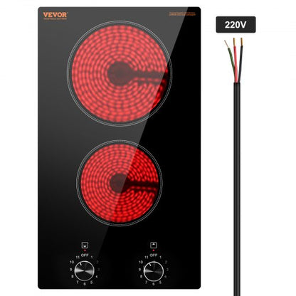 Electric Cooktop, 12 inch 2 Burners Built-in Electric Stove Top, 3000W Ceramic Top Radiant Cooktop, with Glass Panel, Knob Control, 11 Heat Levels, 220-240V, Hard Wire (No Plug)