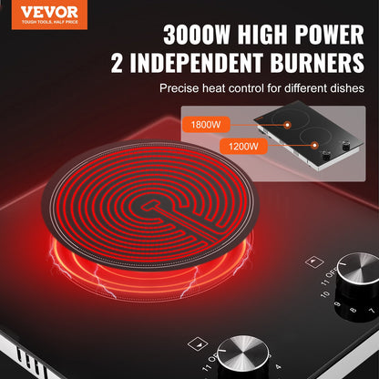 Electric Cooktop, 12 inch 2 Burners Built-in Electric Stove Top, 3000W Ceramic Top Radiant Cooktop, with Glass Panel, Knob Control, 11 Heat Levels, 220-240V, Hard Wire (No Plug)