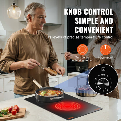 Electric Cooktop, 12 inch 2 Burners Built-in Electric Stove Top, 3000W Ceramic Top Radiant Cooktop, with Glass Panel, Knob Control, 11 Heat Levels, 220-240V, Hard Wire (No Plug)