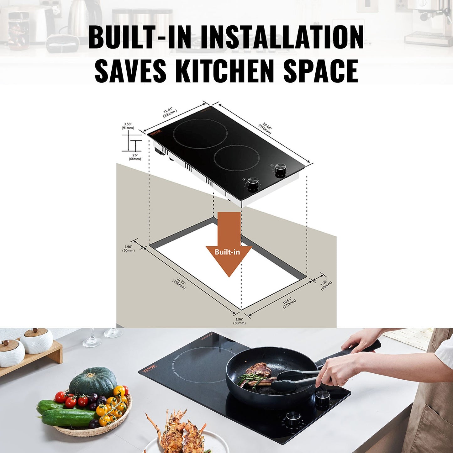 Electric Cooktop, 12 inch 2 Burners Built-in Electric Stove Top, 3000W Ceramic Top Radiant Cooktop, with Glass Panel, Knob Control, 11 Heat Levels, 220-240V, Hard Wire (No Plug)