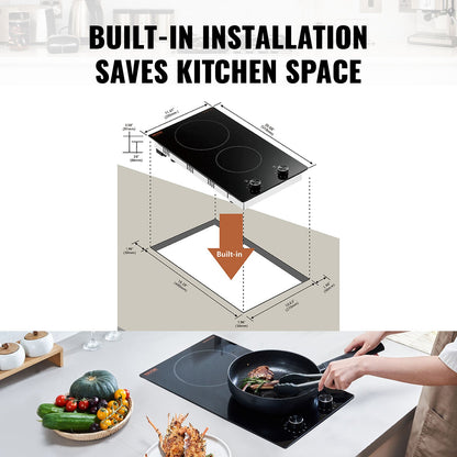 Electric Cooktop, 12 inch 2 Burners Built-in Electric Stove Top, 3000W Ceramic Top Radiant Cooktop, with Glass Panel, Knob Control, 11 Heat Levels, 220-240V, Hard Wire (No Plug)