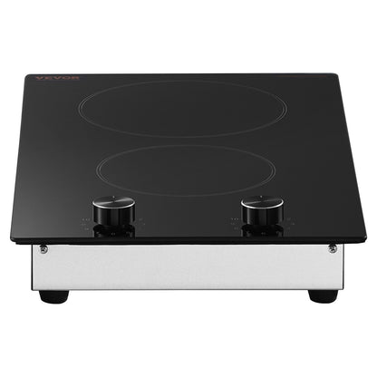 Electric Cooktop, 12 inch 2 Burners Built-in Electric Stove Top, 3000W Ceramic Top Radiant Cooktop, with Glass Panel, Knob Control, 11 Heat Levels, 220-240V, Hard Wire (No Plug)