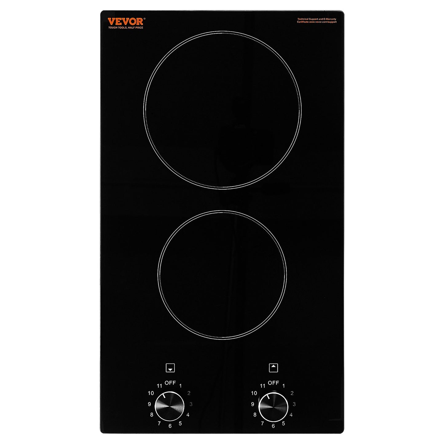 Electric Cooktop, 12 inch 2 Burners Built-in Electric Stove Top, 3000W Ceramic Top Radiant Cooktop, with Glass Panel, Knob Control, 11 Heat Levels, 220-240V, Hard Wire (No Plug)