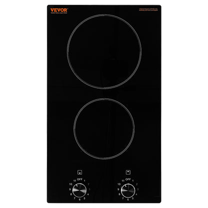 Electric Cooktop, 12 inch 2 Burners Built-in Electric Stove Top, 3000W Ceramic Top Radiant Cooktop, with Glass Panel, Knob Control, 11 Heat Levels, 220-240V, Hard Wire (No Plug)