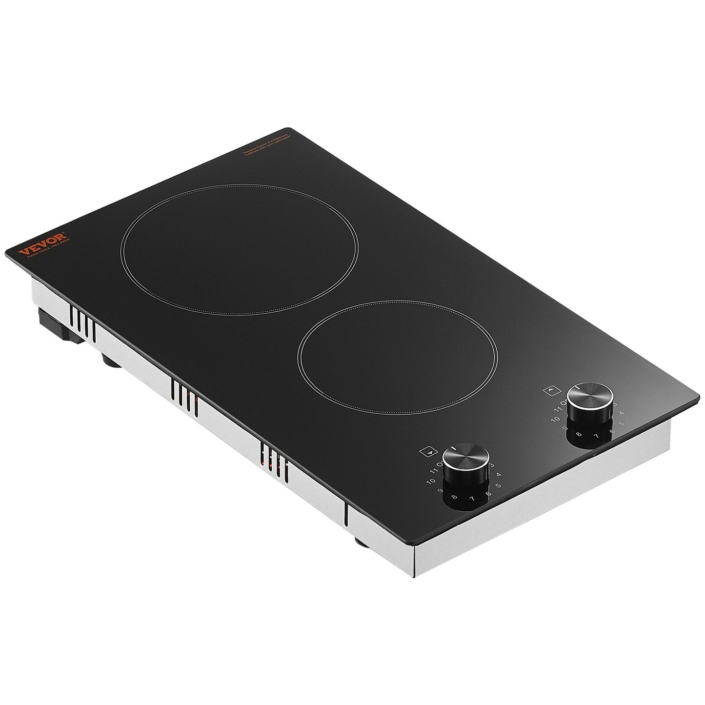 Electric Cooktop, 12 inch 2 Burners Built-in Electric Stove Top, 3000W Ceramic Top Radiant Cooktop, with Glass Panel, Knob Control, 11 Heat Levels, 220-240V, Hard Wire (No Plug)