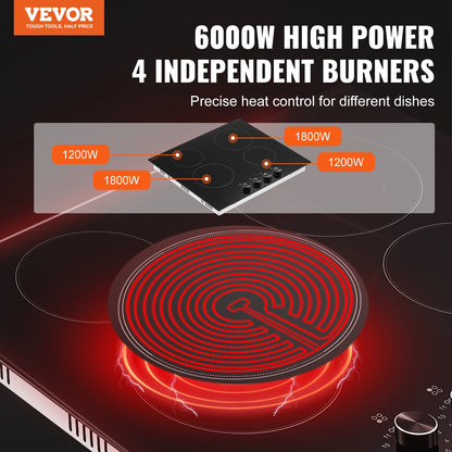 Electric Cooktop, 24 inch 4 Burners Built-in Electric Stove Top, 6000W Ceramic Top Radiant Cooktop, with Glass Panel, Knob Control, 11 Heat Levels, 220-240V, Hard Wire (No Plug)