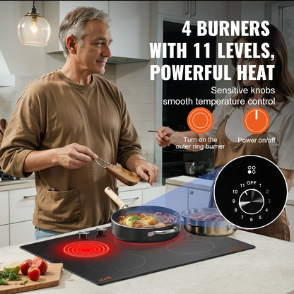 Electric Cooktop, 24 inch 4 Burners Built-in Electric Stove Top, 6000W Ceramic Top Radiant Cooktop, with Glass Panel, Knob Control, 11 Heat Levels, 220-240V, Hard Wire (No Plug)