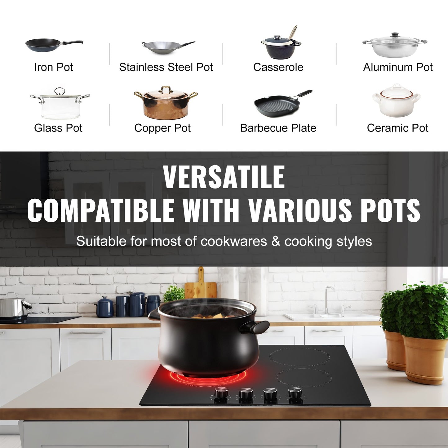 Electric Cooktop, 24 inch 4 Burners Built-in Electric Stove Top, 6000W Ceramic Top Radiant Cooktop, with Glass Panel, Knob Control, 11 Heat Levels, 220-240V, Hard Wire (No Plug)