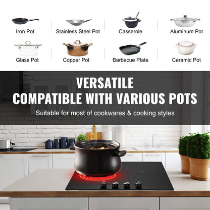 Electric Cooktop, 24 inch 4 Burners Built-in Electric Stove Top, 6000W Ceramic Top Radiant Cooktop, with Glass Panel, Knob Control, 11 Heat Levels, 220-240V, Hard Wire (No Plug)