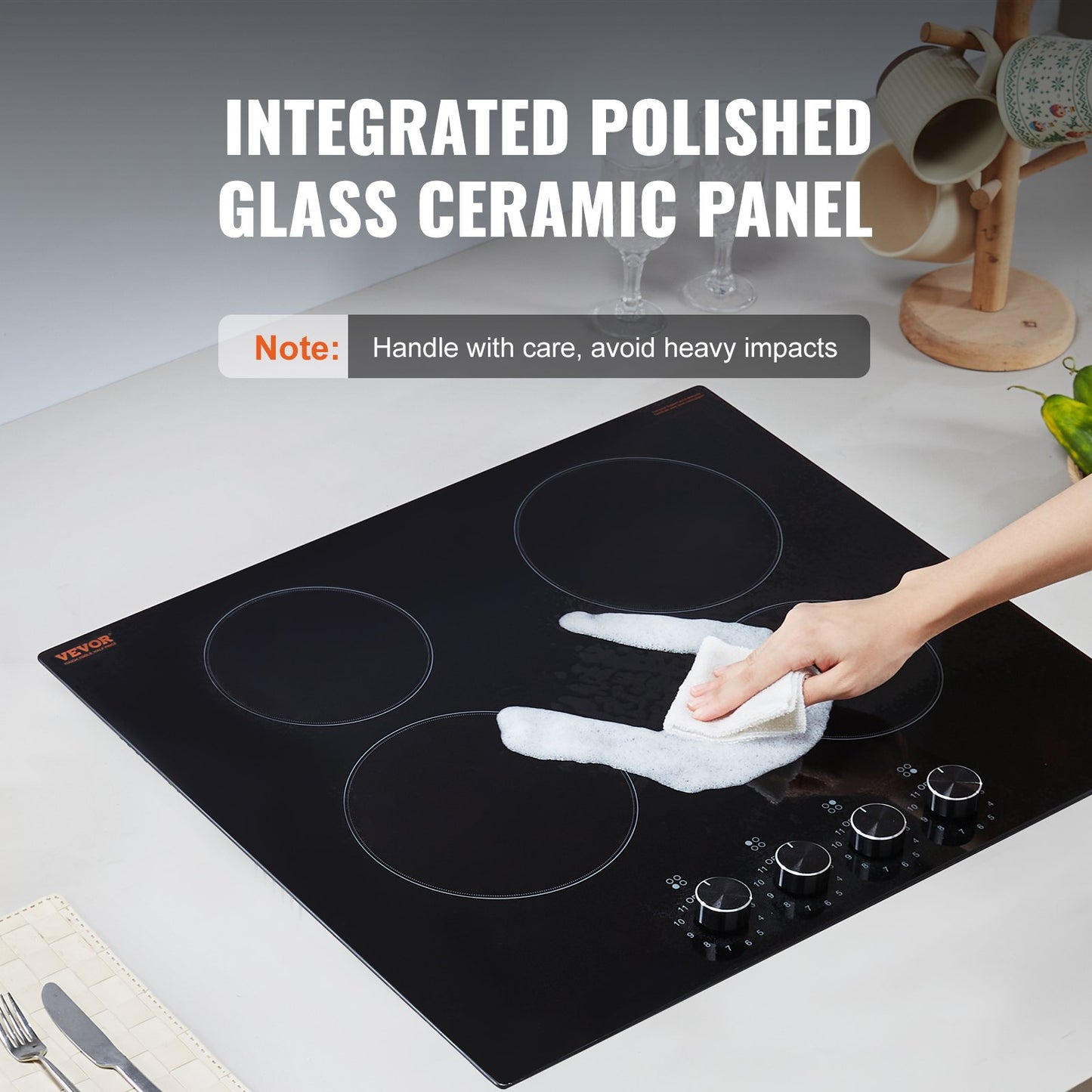 Electric Cooktop, 24 inch 4 Burners Built-in Electric Stove Top, 6000W Ceramic Top Radiant Cooktop, with Glass Panel, Knob Control, 11 Heat Levels, 220-240V, Hard Wire (No Plug)