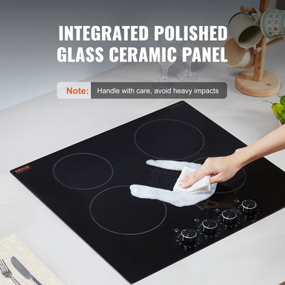 Electric Cooktop, 24 inch 4 Burners Built-in Electric Stove Top, 6000W Ceramic Top Radiant Cooktop, with Glass Panel, Knob Control, 11 Heat Levels, 220-240V, Hard Wire (No Plug)