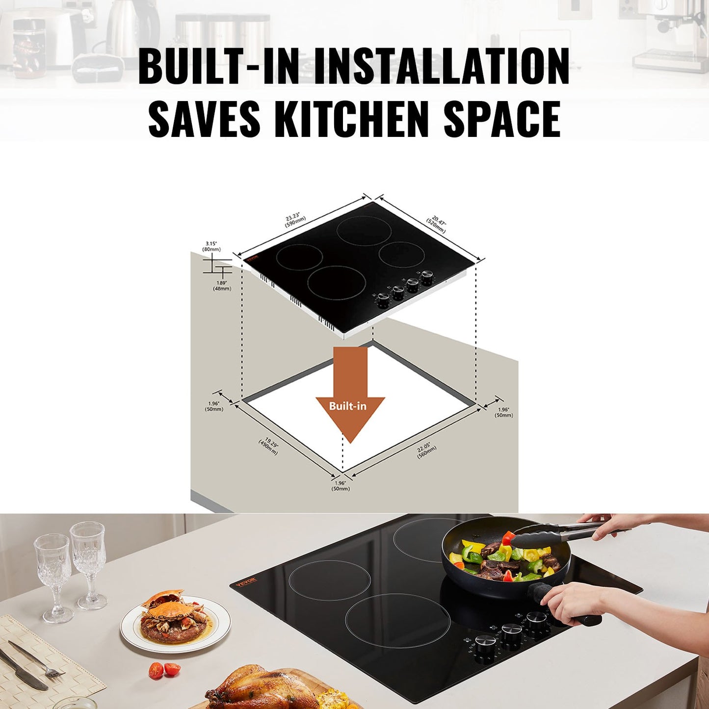 Electric Cooktop, 24 inch 4 Burners Built-in Electric Stove Top, 6000W Ceramic Top Radiant Cooktop, with Glass Panel, Knob Control, 11 Heat Levels, 220-240V, Hard Wire (No Plug)