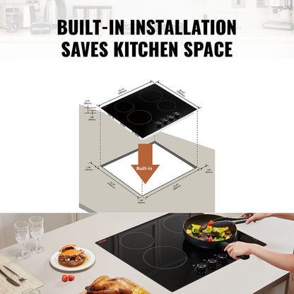 Electric Cooktop, 24 inch 4 Burners Built-in Electric Stove Top, 6000W Ceramic Top Radiant Cooktop, with Glass Panel, Knob Control, 11 Heat Levels, 220-240V, Hard Wire (No Plug)