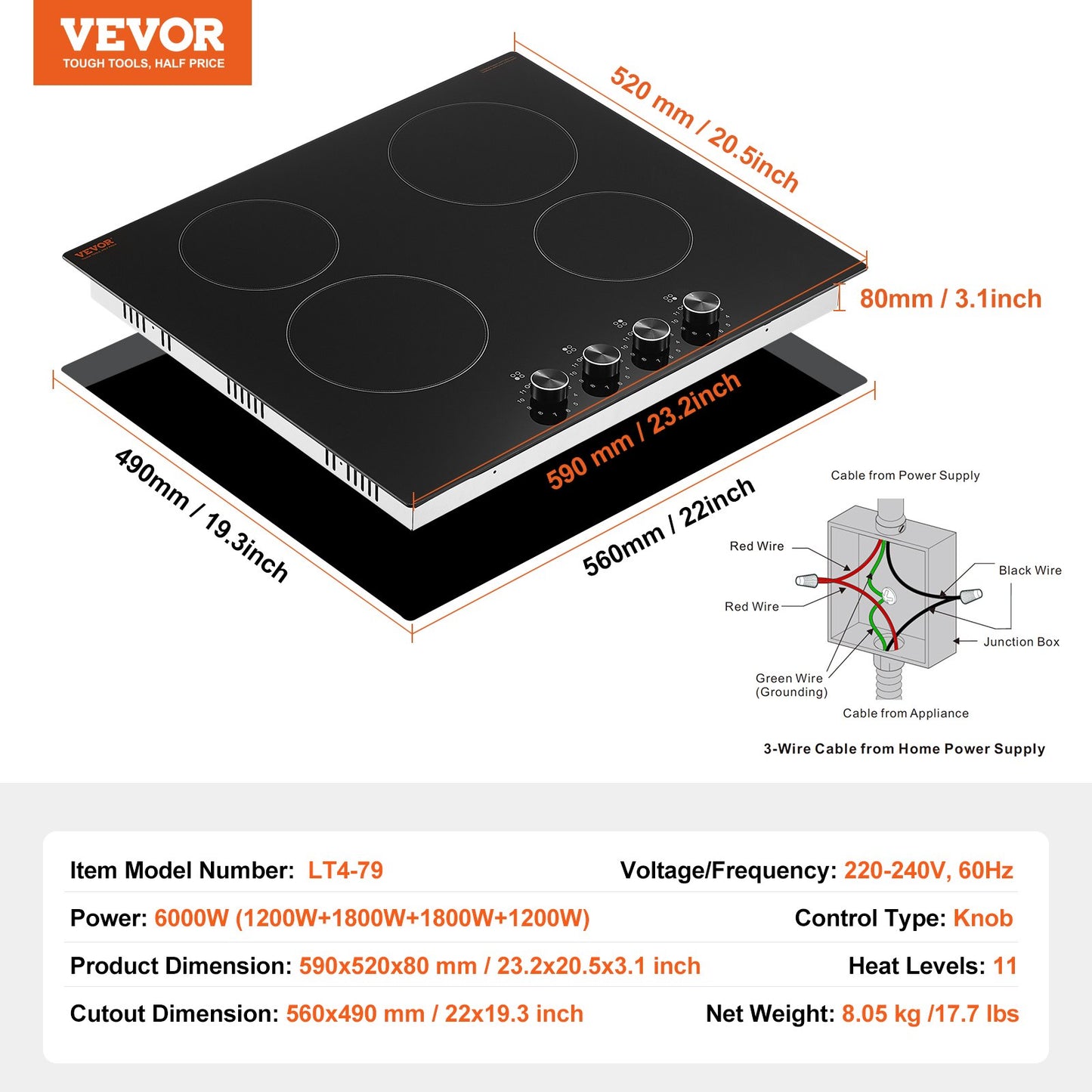 Electric Cooktop, 24 inch 4 Burners Built-in Electric Stove Top, 6000W Ceramic Top Radiant Cooktop, with Glass Panel, Knob Control, 11 Heat Levels, 220-240V, Hard Wire (No Plug)