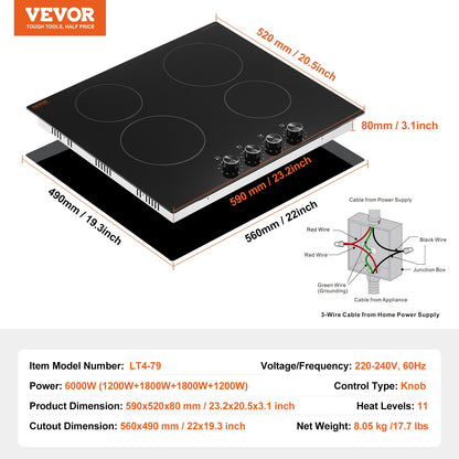 Electric Cooktop, 24 inch 4 Burners Built-in Electric Stove Top, 6000W Ceramic Top Radiant Cooktop, with Glass Panel, Knob Control, 11 Heat Levels, 220-240V, Hard Wire (No Plug)