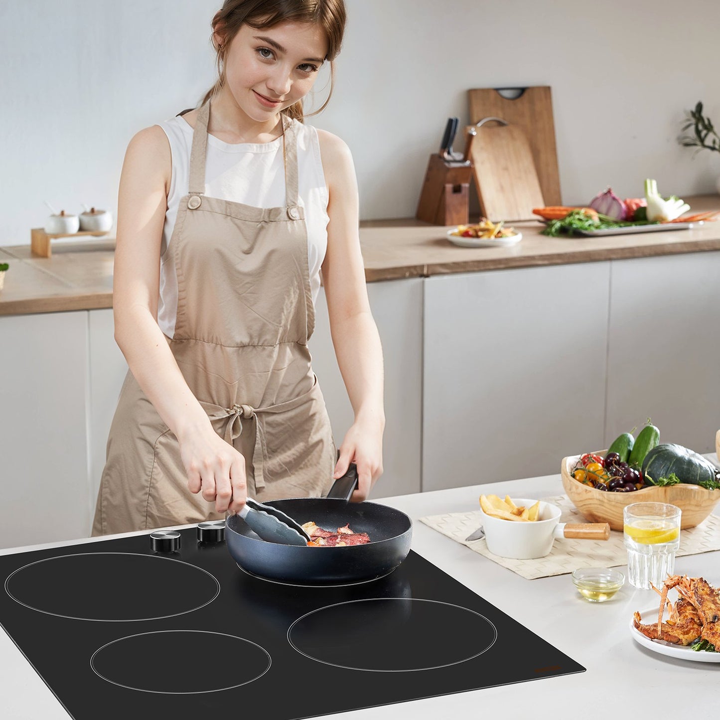 Electric Cooktop, 24 inch 4 Burners Built-in Electric Stove Top, 6000W Ceramic Top Radiant Cooktop, with Glass Panel, Knob Control, 11 Heat Levels, 220-240V, Hard Wire (No Plug)