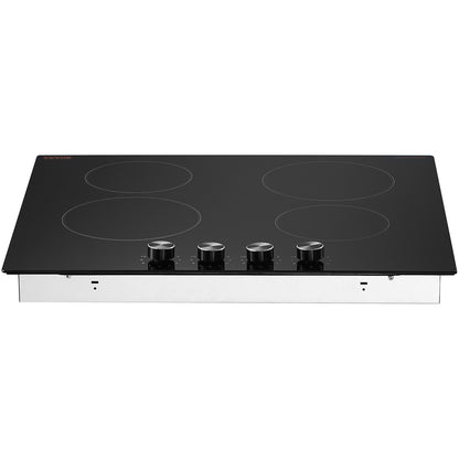 Electric Cooktop, 24 inch 4 Burners Built-in Electric Stove Top, 6000W Ceramic Top Radiant Cooktop, with Glass Panel, Knob Control, 11 Heat Levels, 220-240V, Hard Wire (No Plug)
