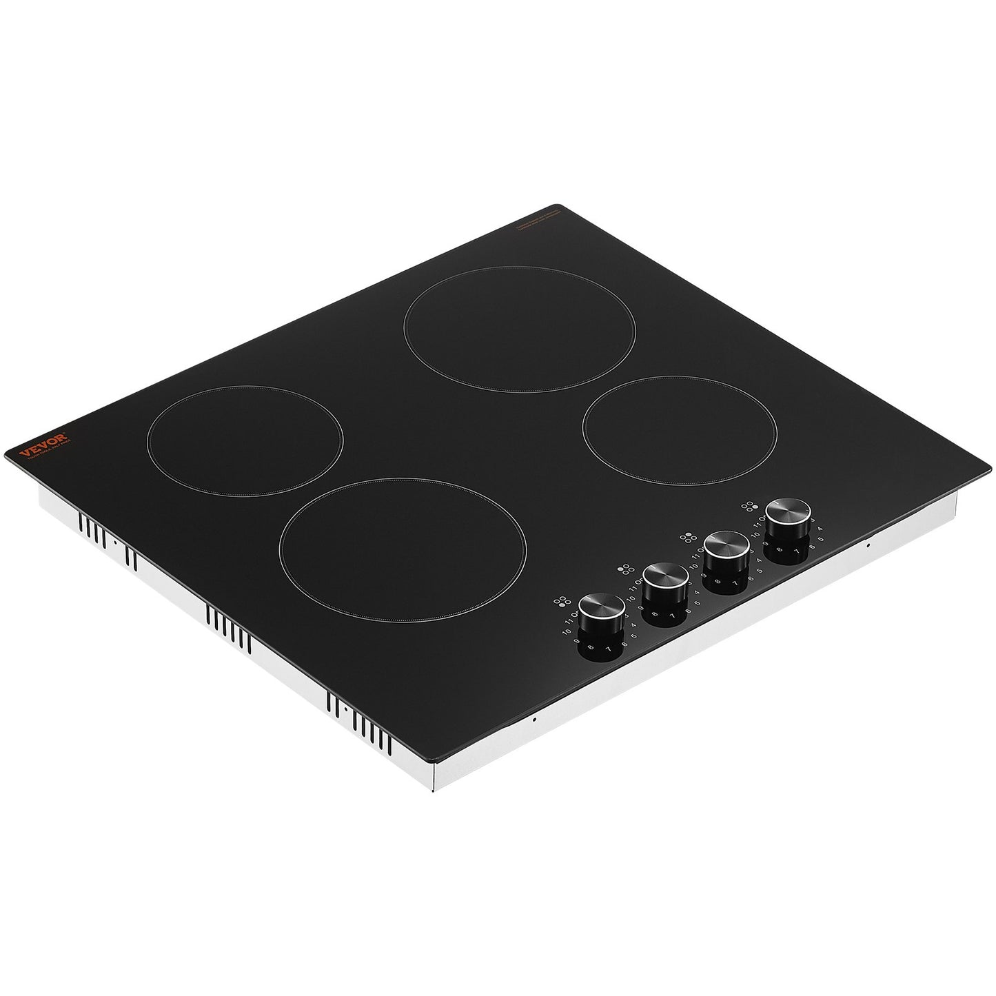 Electric Cooktop, 24 inch 4 Burners Built-in Electric Stove Top, 6000W Ceramic Top Radiant Cooktop, with Glass Panel, Knob Control, 11 Heat Levels, 220-240V, Hard Wire (No Plug)