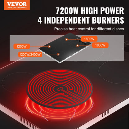 Electric Cooktop, 30 inch 4 Burners Built-in Electric Stove Top, 7200W Ceramic Top Radiant Cooktop, with Glass Panel, Knob Control, 11 Heat Levels, 220-240V, Hard Wire (No Plug)