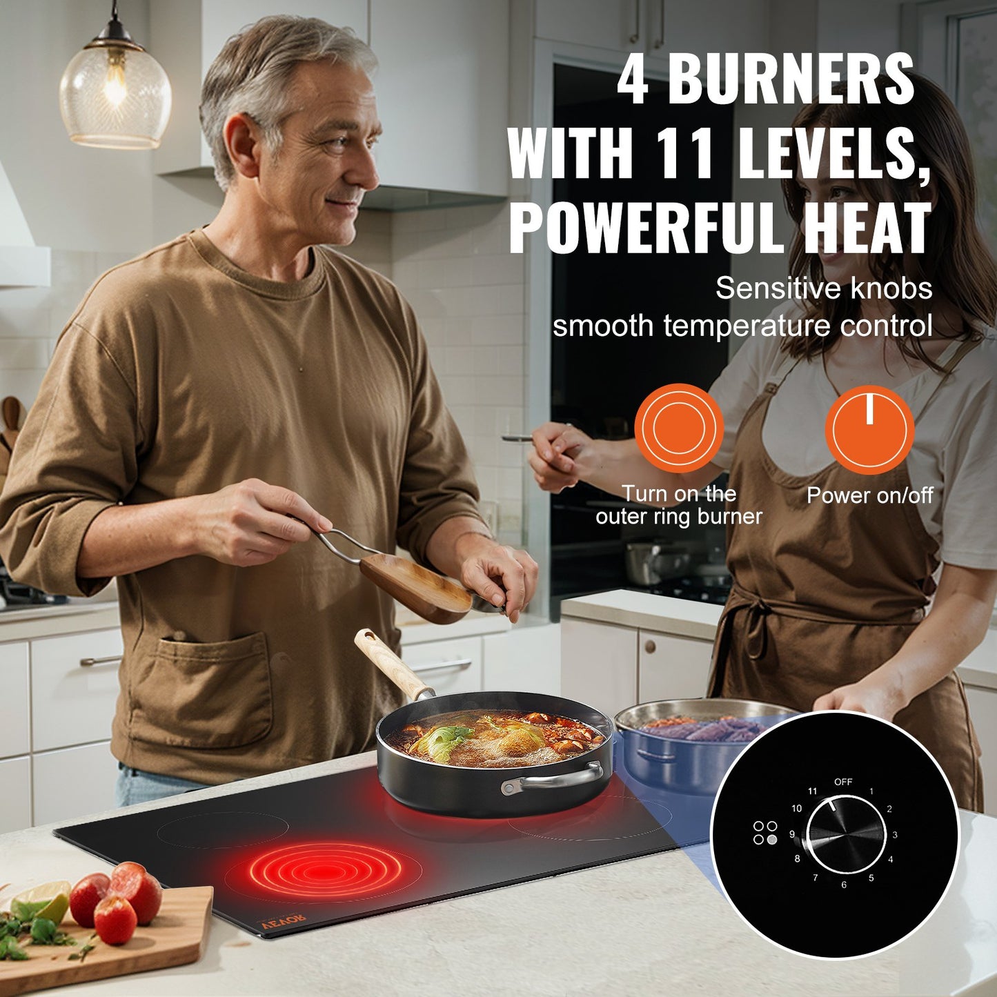 Electric Cooktop, 30 inch 4 Burners Built-in Electric Stove Top, 7200W Ceramic Top Radiant Cooktop, with Glass Panel, Knob Control, 11 Heat Levels, 220-240V, Hard Wire (No Plug)