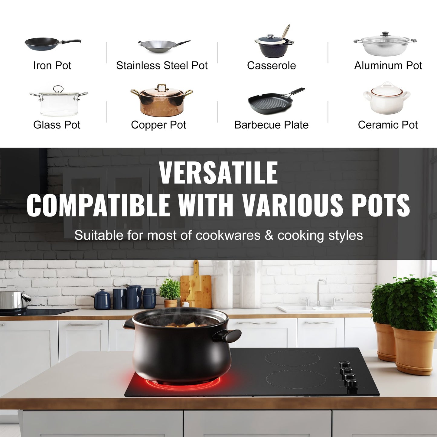 Electric Cooktop, 30 inch 4 Burners Built-in Electric Stove Top, 7200W Ceramic Top Radiant Cooktop, with Glass Panel, Knob Control, 11 Heat Levels, 220-240V, Hard Wire (No Plug)