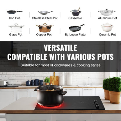 Electric Cooktop, 30 inch 4 Burners Built-in Electric Stove Top, 7200W Ceramic Top Radiant Cooktop, with Glass Panel, Knob Control, 11 Heat Levels, 220-240V, Hard Wire (No Plug)