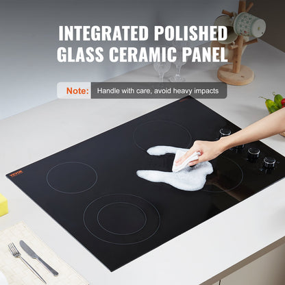 Electric Cooktop, 30 inch 4 Burners Built-in Electric Stove Top, 7200W Ceramic Top Radiant Cooktop, with Glass Panel, Knob Control, 11 Heat Levels, 220-240V, Hard Wire (No Plug)