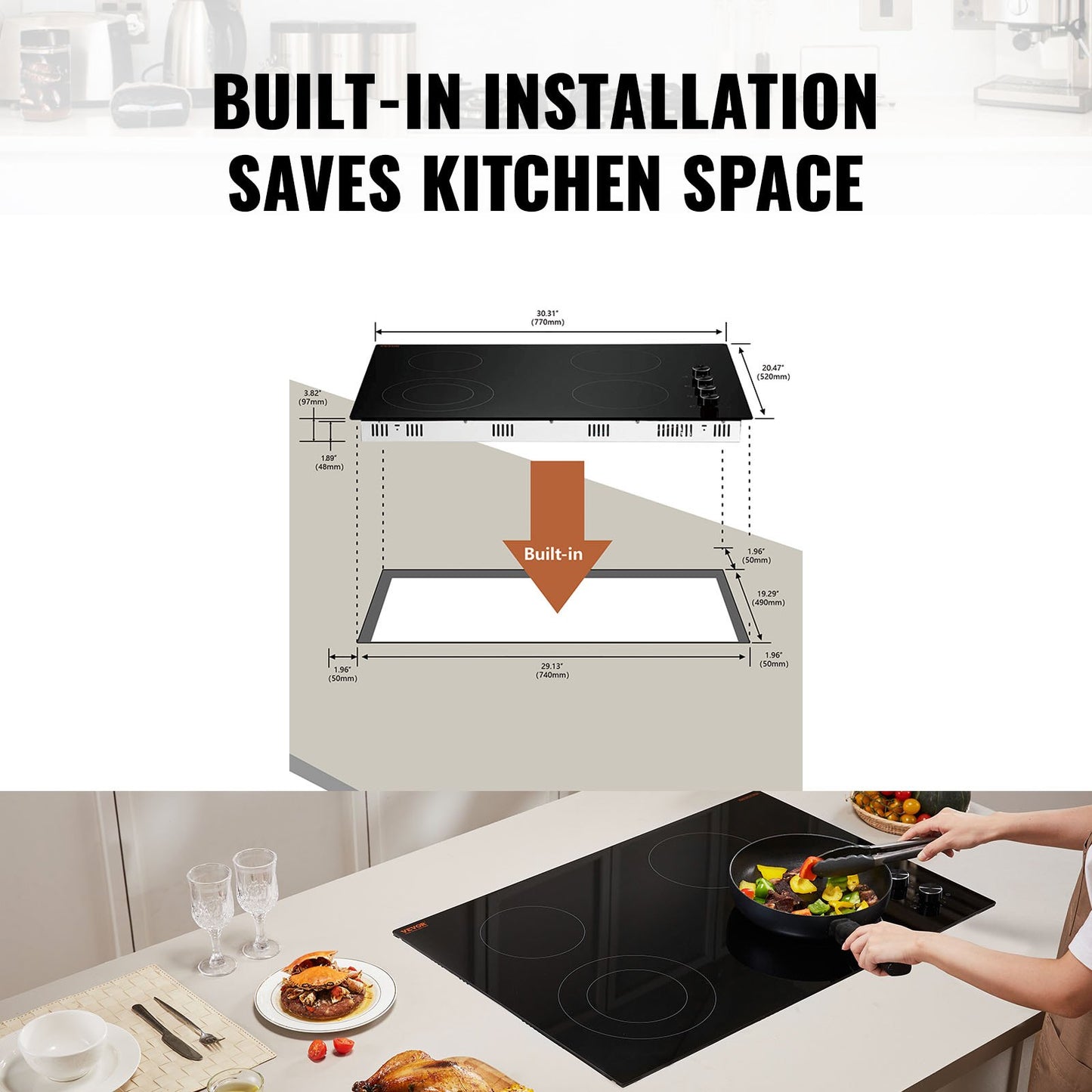 Electric Cooktop, 30 inch 4 Burners Built-in Electric Stove Top, 7200W Ceramic Top Radiant Cooktop, with Glass Panel, Knob Control, 11 Heat Levels, 220-240V, Hard Wire (No Plug)