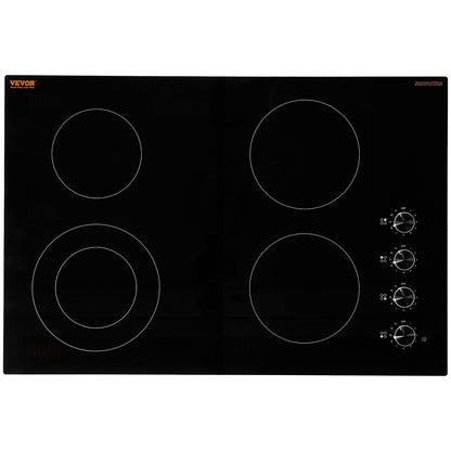 Electric Cooktop, 30 inch 4 Burners Built-in Electric Stove Top, 7200W Ceramic Top Radiant Cooktop, with Glass Panel, Knob Control, 11 Heat Levels, 220-240V, Hard Wire (No Plug)