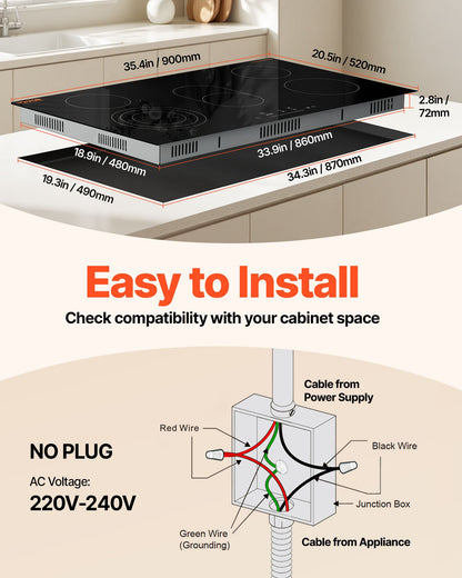 Electric Cooktop, 36 inch 5 Burners Built-in Electric Stove Top, 8600W Ceramic Top Radiant Cooktop with Glass Panel, Touch Control, Timer, Child Lock, 9 Heat Level, 220-240V, Hard Wire (No Plug)
