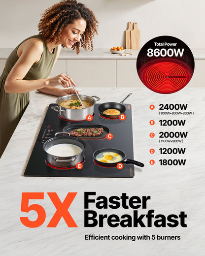 Electric Cooktop, 36 inch 5 Burners Built-in Electric Stove Top, 8600W Ceramic Top Radiant Cooktop with Glass Panel, Touch Control, Timer, Child Lock, 9 Heat Level, 220-240V, Hard Wire (No Plug)