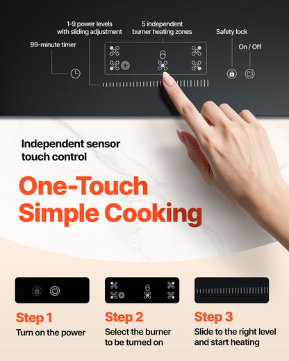 Electric Cooktop, 36 inch 5 Burners Built-in Electric Stove Top, 8600W Ceramic Top Radiant Cooktop with Glass Panel, Touch Control, Timer, Child Lock, 9 Heat Level, 220-240V, Hard Wire (No Plug)