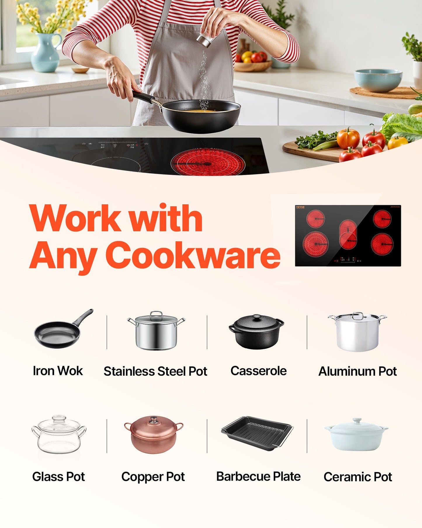 Electric Cooktop, 36 inch 5 Burners Built-in Electric Stove Top, 8600W Ceramic Top Radiant Cooktop with Glass Panel, Touch Control, Timer, Child Lock, 9 Heat Level, 220-240V, Hard Wire (No Plug)