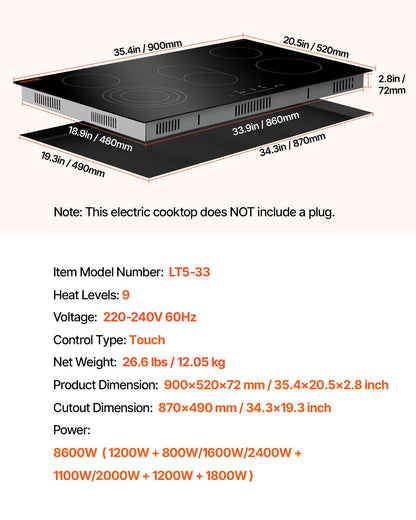 Electric Cooktop, 36 inch 5 Burners Built-in Electric Stove Top, 8600W Ceramic Top Radiant Cooktop with Glass Panel, Touch Control, Timer, Child Lock, 9 Heat Level, 220-240V, Hard Wire (No Plug)