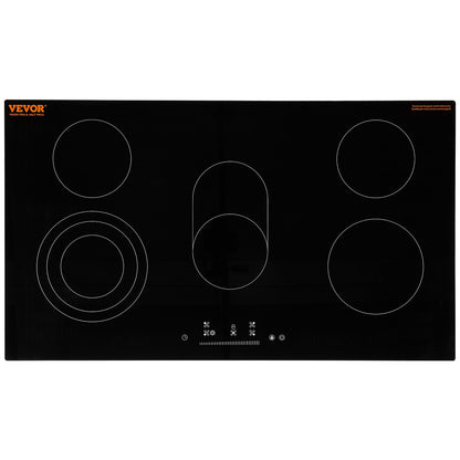 Electric Cooktop, 36 inch 5 Burners Built-in Electric Stove Top, 8600W Ceramic Top Radiant Cooktop with Glass Panel, Touch Control, Timer, Child Lock, 9 Heat Level, 220-240V, Hard Wire (No Plug)